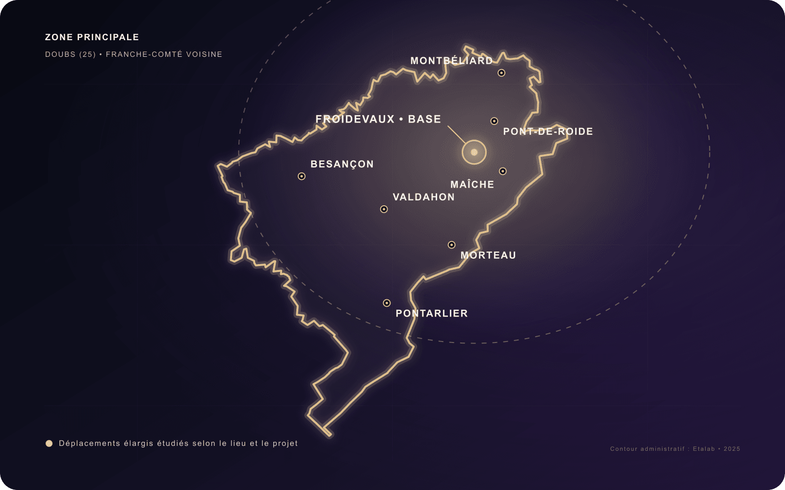 Carte de la zone d’intervention de Lune de Fête dans le Doubs, depuis Froidevaux
